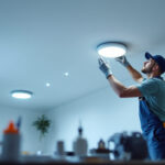 A photograph of a lighting contractor installing led recessed can lights in a modern home setting