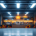 A photograph of a modern garage illuminated by high-lumen led fluorescent bulbs