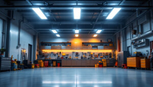 A photograph of a modern garage illuminated by high-lumen led fluorescent bulbs