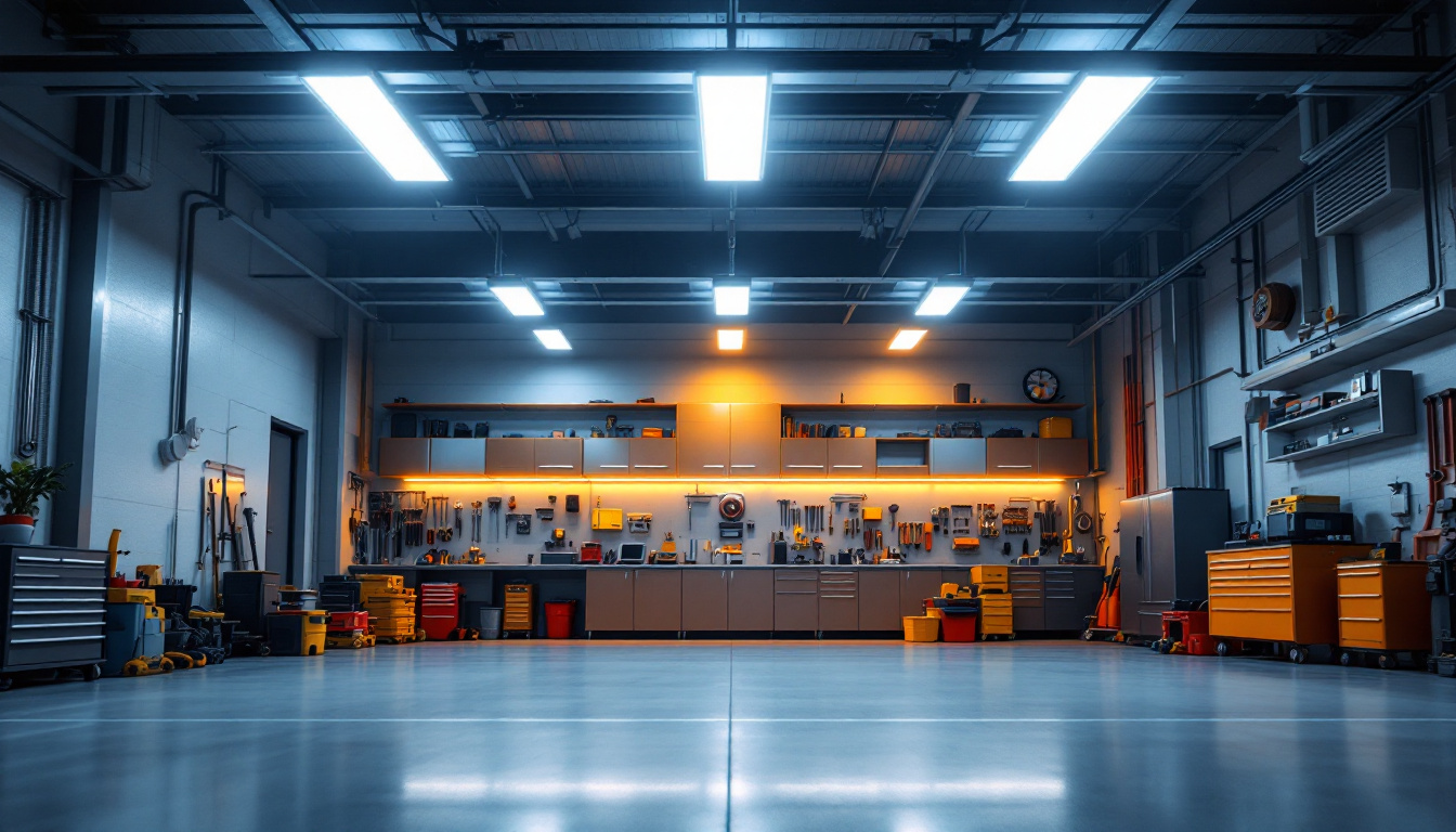 A photograph of a modern garage illuminated by high-lumen led fluorescent bulbs