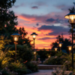 A photograph of a well-lit outdoor space showcasing various solar-powered lights in use