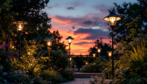 A photograph of a well-lit outdoor space showcasing various solar-powered lights in use