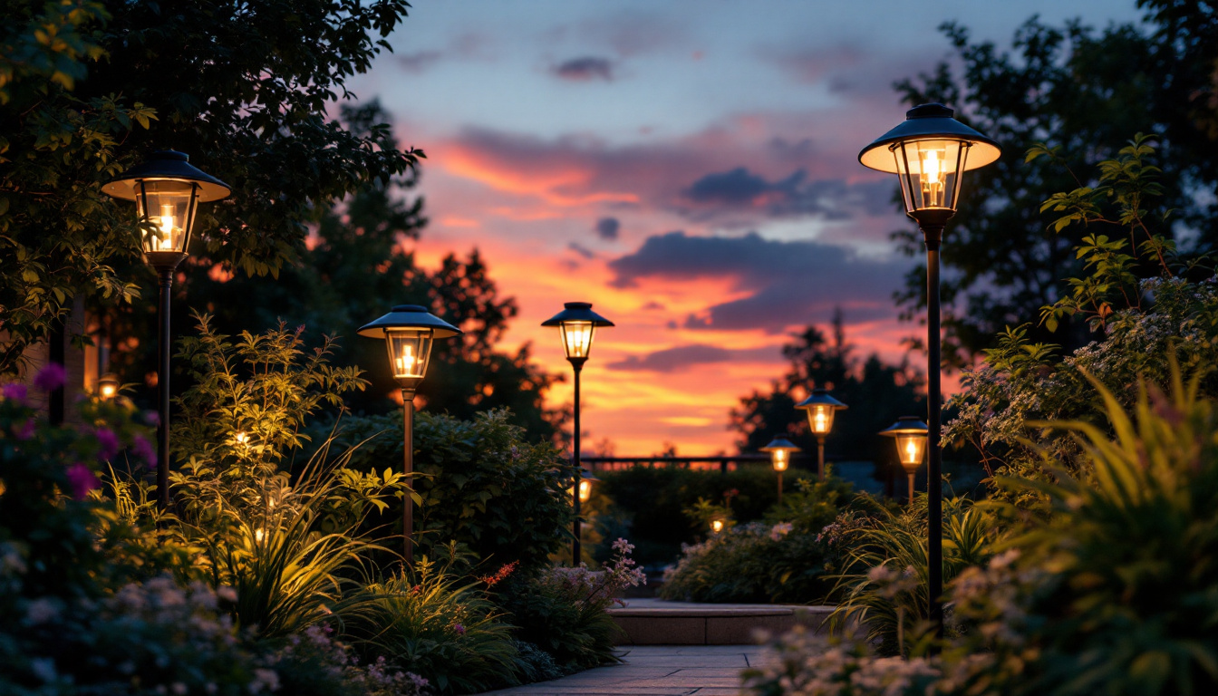 A photograph of a well-lit outdoor space showcasing various solar-powered lights in use
