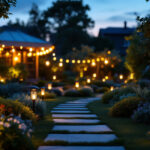 A photograph of a beautifully illuminated garden scene at dusk