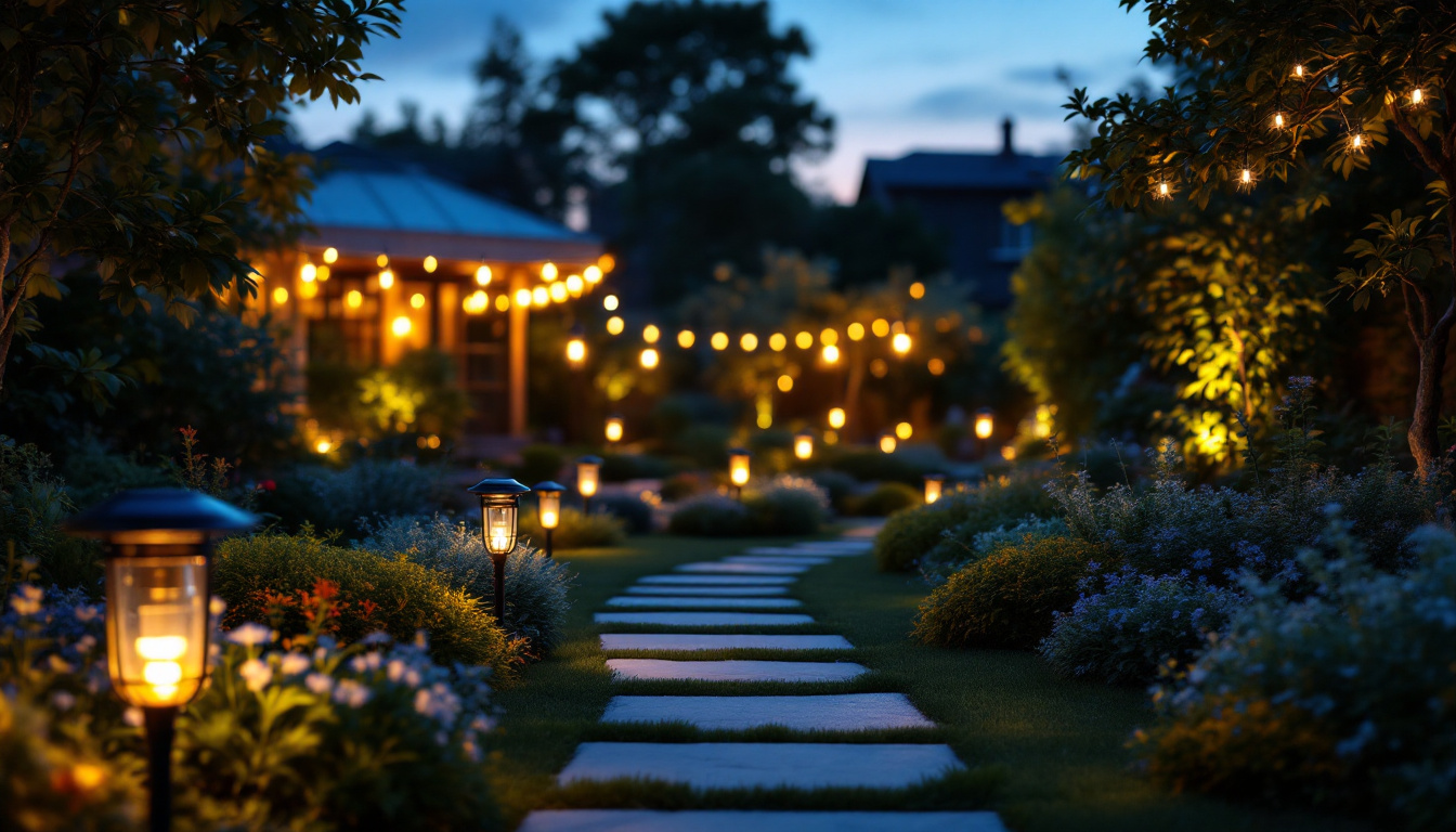 A photograph of a beautifully illuminated garden scene at dusk