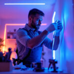 A photograph of a lighting contractor skillfully installing led lighting strips in a modern interior space