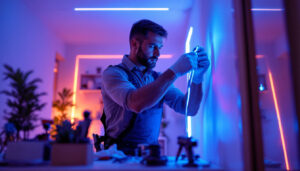 A photograph of a lighting contractor skillfully installing led lighting strips in a modern interior space