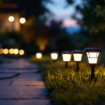 A photograph of a well-lit outdoor scene featuring solar led lights illuminating a pathway or garden