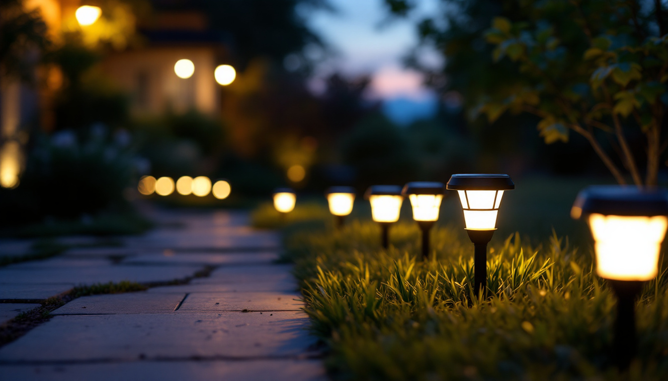 A photograph of a well-lit outdoor scene featuring solar led lights illuminating a pathway or garden