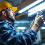 A photograph of a lighting contractor in action
