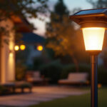 A photograph of a beautifully illuminated solar lamp and post in a residential or commercial outdoor setting