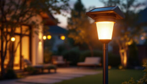 A photograph of a beautifully illuminated solar lamp and post in a residential or commercial outdoor setting
