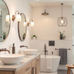 A photograph of a beautifully designed bathroom featuring stylish light fixtures that highlight the space