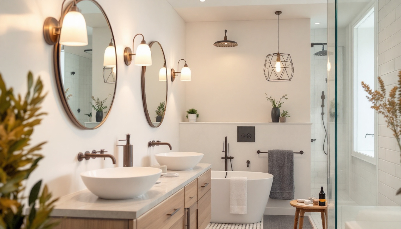 A photograph of a beautifully designed bathroom featuring stylish light fixtures that highlight the space