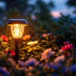 A photograph of a beautifully illuminated solar garden light nestled among vibrant flowers and greenery at dusk