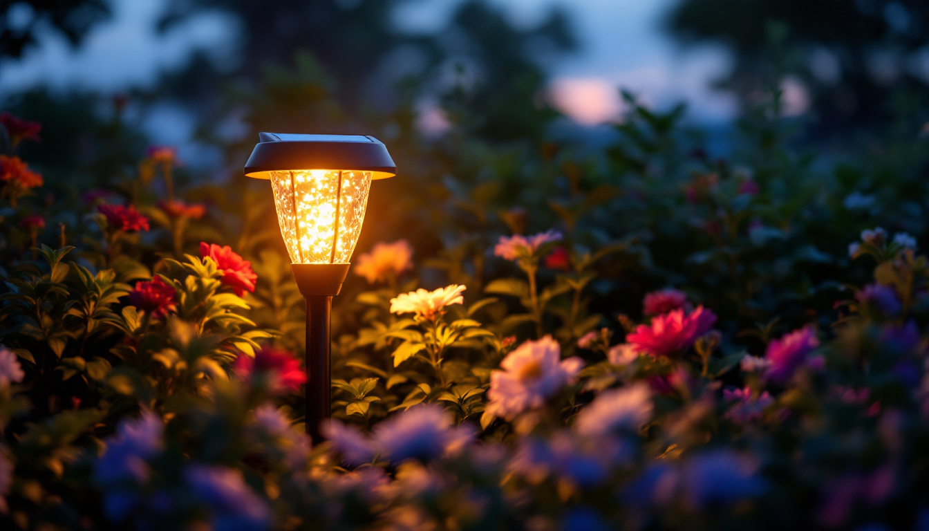 A photograph of a beautifully illuminated solar garden light nestled among vibrant flowers and greenery at dusk