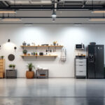 A photograph of a well-lit garage showcasing a variety of creative lighting solutions