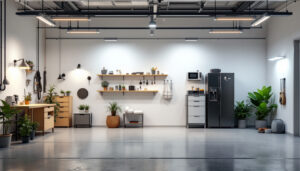A photograph of a well-lit garage showcasing a variety of creative lighting solutions