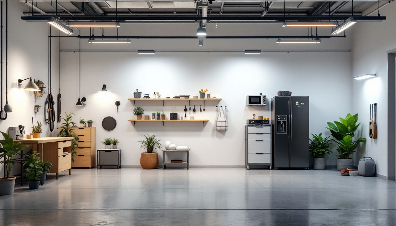 A photograph of a well-lit garage showcasing a variety of creative lighting solutions