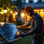 A photograph of capture a photograph of a lighting contractor installing solar-powered lights in a residential or commercial outdoor setting