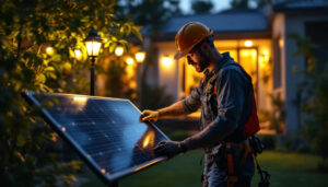 A photograph of capture a photograph of a lighting contractor installing solar-powered lights in a residential or commercial outdoor setting