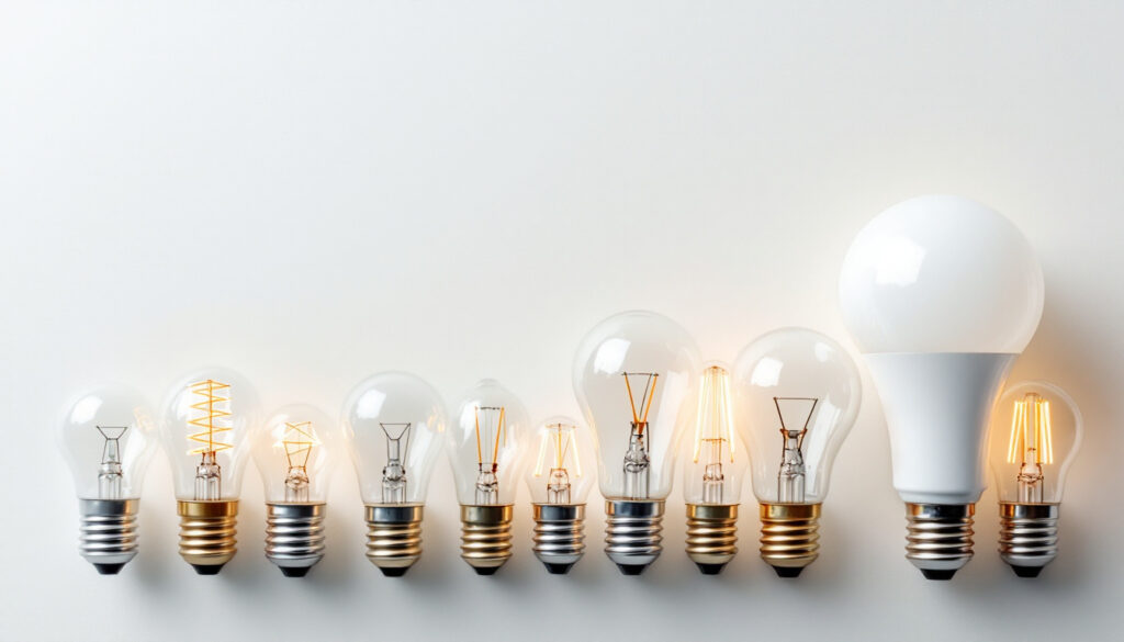 A photograph of a variety of light bulb bases displayed together on a clean