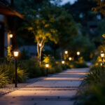A photograph of a well-lit outdoor space featuring various styles of solar lights in use