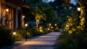 A photograph of a well-lit outdoor space featuring various styles of solar lights in use