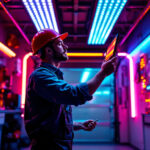A photograph of a well-lit garage showcasing vibrant led lights in various configurations