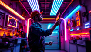 A photograph of a well-lit garage showcasing vibrant led lights in various configurations