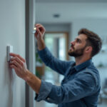 A photograph of a lighting contractor installing a motion sensor switch in a modern home setting