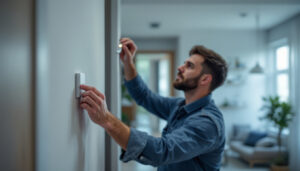 A photograph of a lighting contractor installing a motion sensor switch in a modern home setting