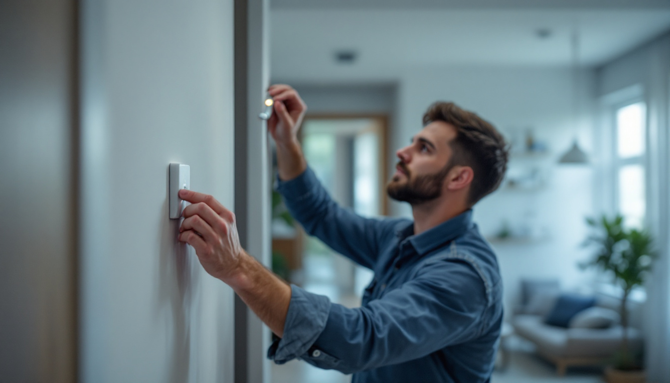 A photograph of a lighting contractor installing a motion sensor switch in a modern home setting