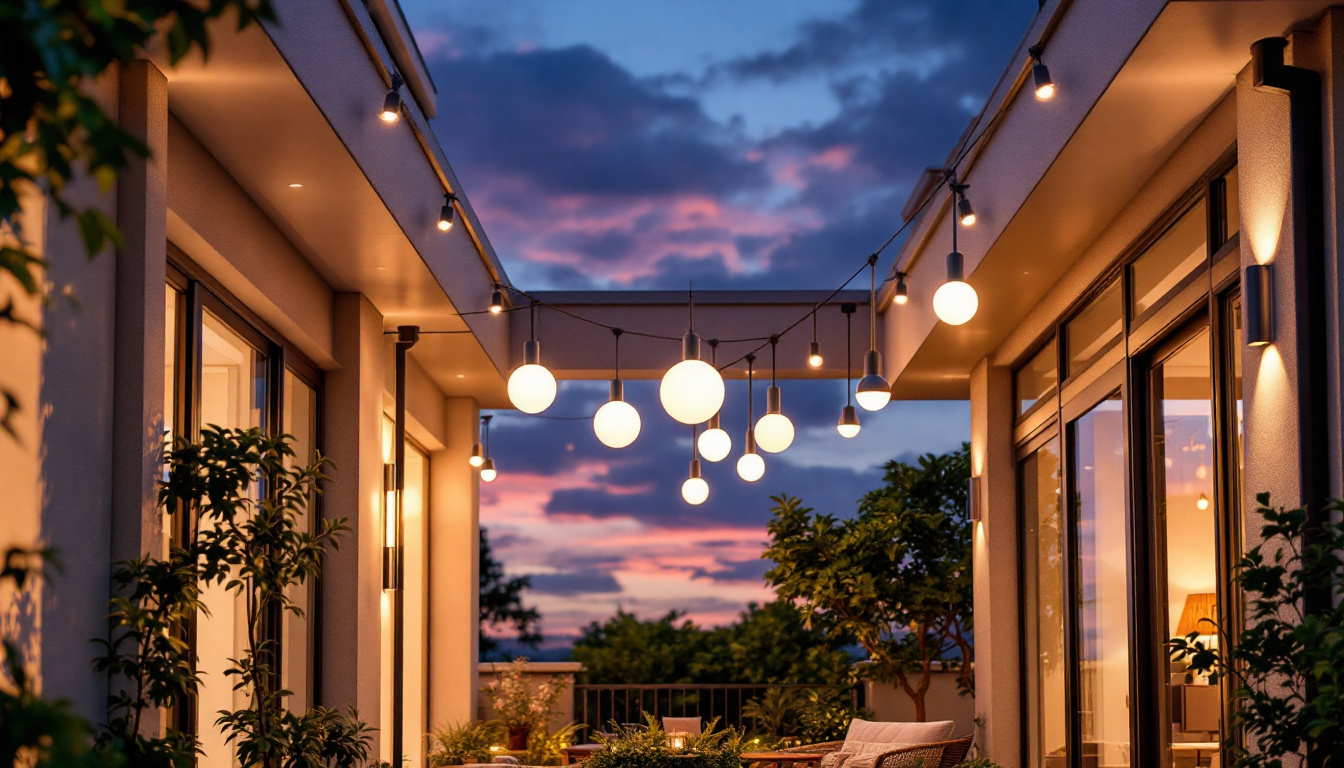 A photograph of a stylish outdoor space featuring modern exterior ceiling lights in use
