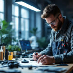 A photograph of a skilled lighting contractor working with various satco lighting products in a well-lit