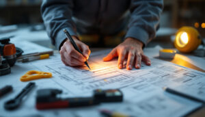 A photograph of a lighting contractor reviewing a blueprint or installation plan