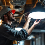 A photograph of a lighting contractor efficiently installing maxlite led fixtures in a commercial space