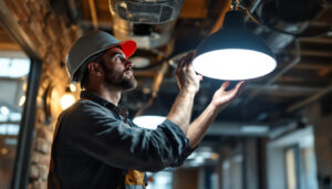 A photograph of a lighting contractor efficiently installing maxlite led fixtures in a commercial space
