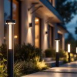 A photograph of a well-lit exterior space featuring modern post lights installed in a residential or commercial setting