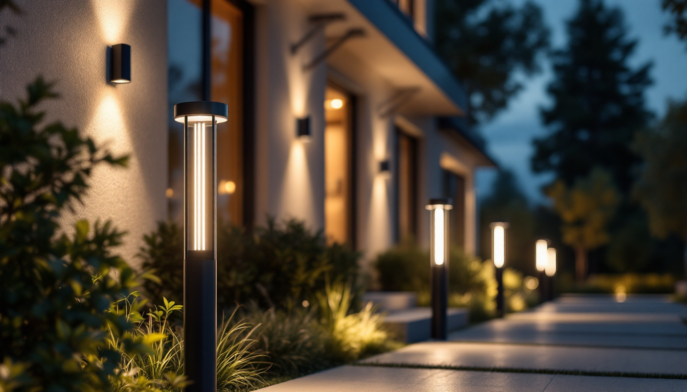 A photograph of a well-lit exterior space featuring modern post lights installed in a residential or commercial setting