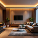 A photograph of a beautifully designed living space showcasing recessed lighting