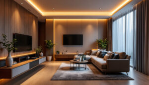A photograph of a beautifully designed living space showcasing recessed lighting