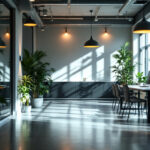 A photograph of a well-lit office space featuring a mix of natural and artificial lighting
