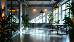 A photograph of a well-lit office space featuring a mix of natural and artificial lighting