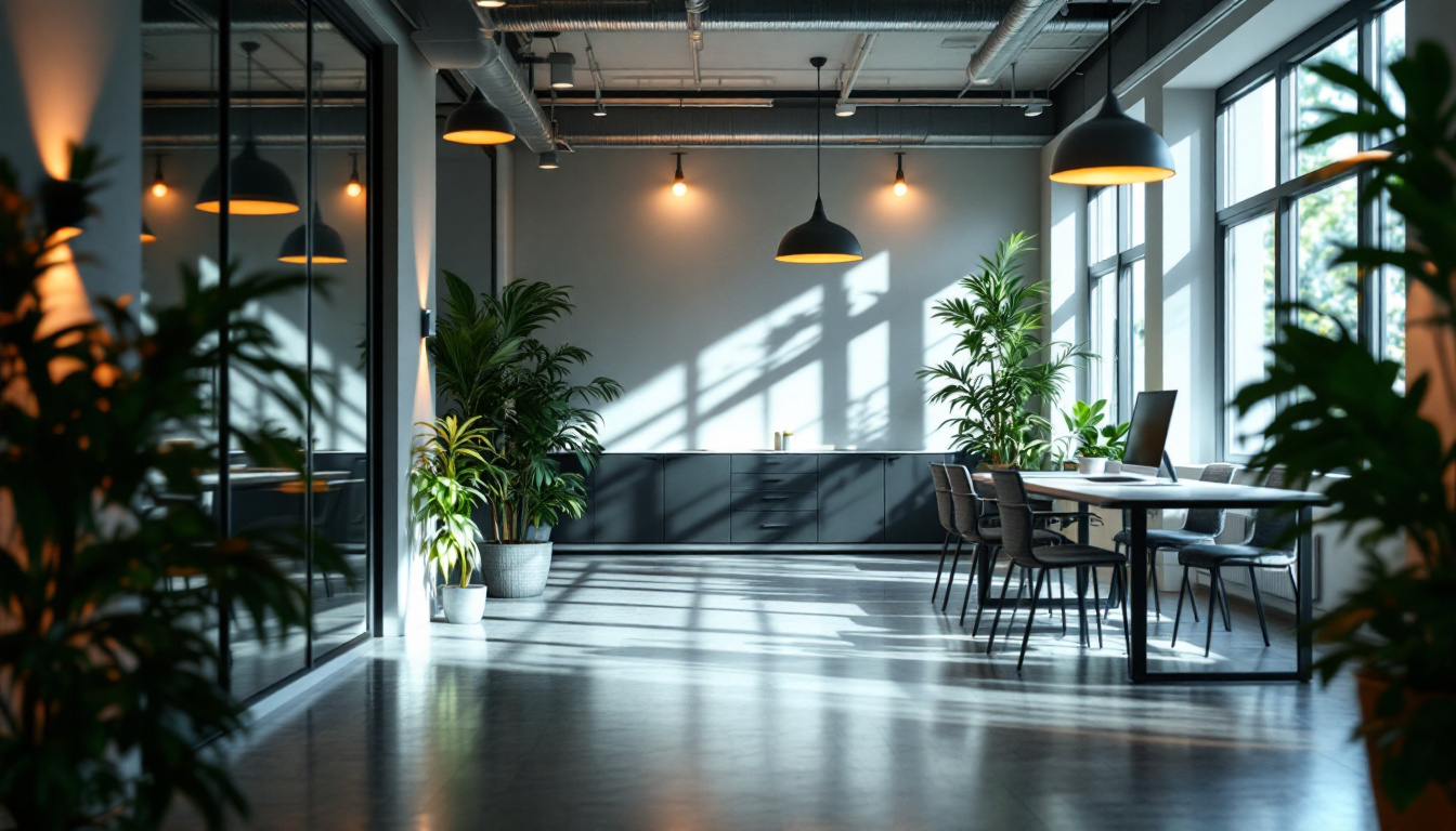 A photograph of a well-lit office space featuring a mix of natural and artificial lighting