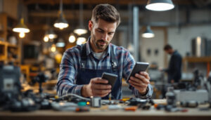 A photograph of a skilled lighting contractor examining and comparing different three-way switches in a well-lit workshop