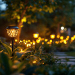 A photograph of a beautifully illuminated outdoor garden space featuring solar garden lights