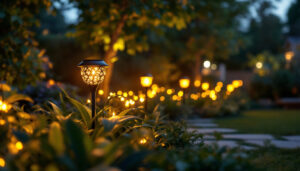 A photograph of a beautifully illuminated outdoor garden space featuring solar garden lights