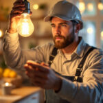 A photograph of a lighting contractor inspecting a flickering light bulb in a home setting