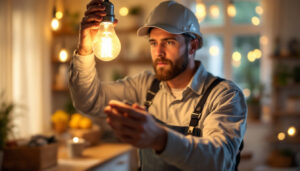 A photograph of a lighting contractor inspecting a flickering light bulb in a home setting